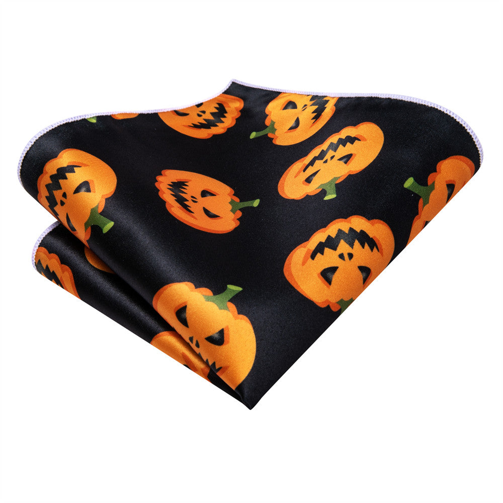 Hi-Tie Halloween Black Orange Jack-O-Lantern Necktie Pocket Square Cufflinks Set