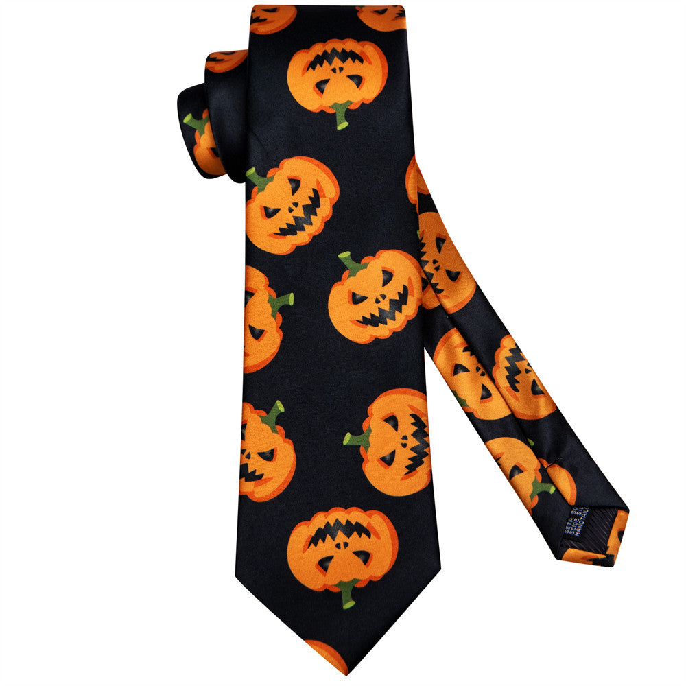 Hi-Tie Halloween Black Orange Jack-O-Lantern Necktie Pocket Square Cufflinks Set