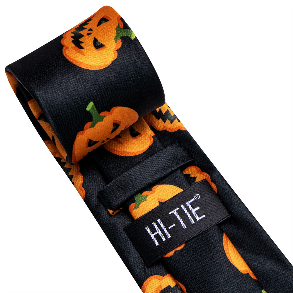 Hi-Tie Halloween Black Orange Jack-O-Lantern Necktie Pocket Square Cufflinks Set