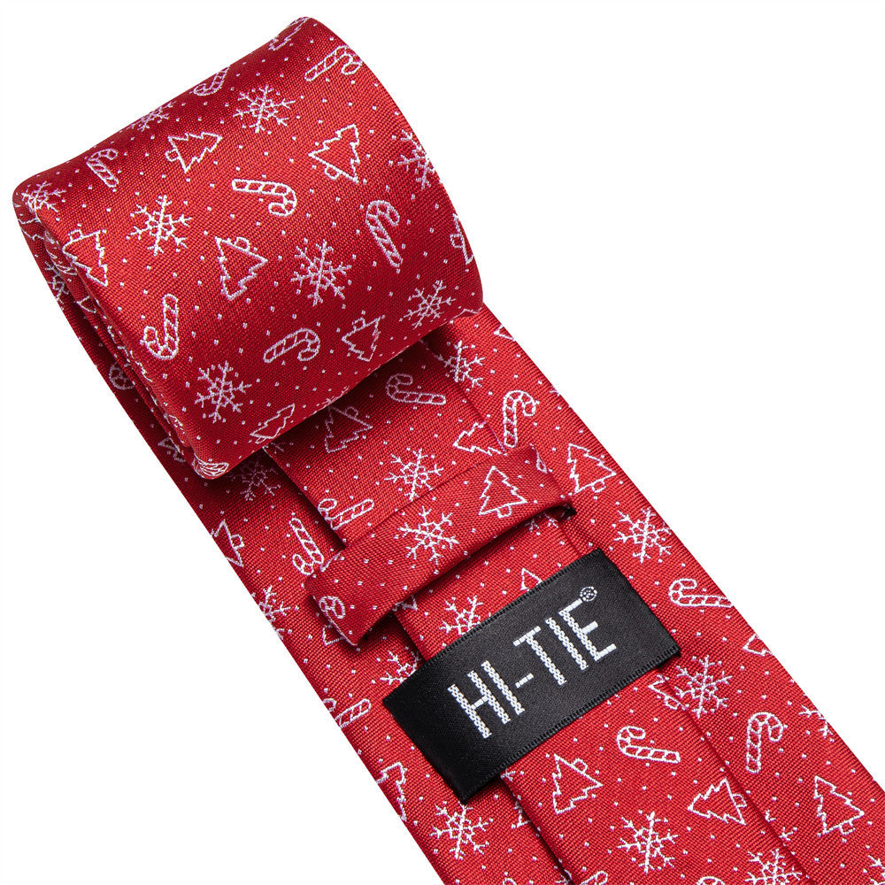 Hi-Tie Red Christmas Snow Designer Tie Pocket Square Cufflinks Set