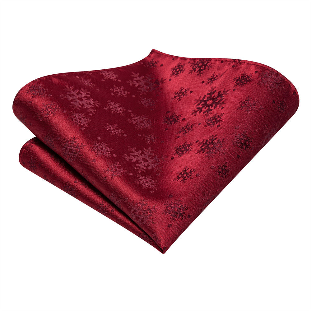 Hi-Tie Dark Red Snow Designer Christmas Tie Pocket Square Cufflinks Set