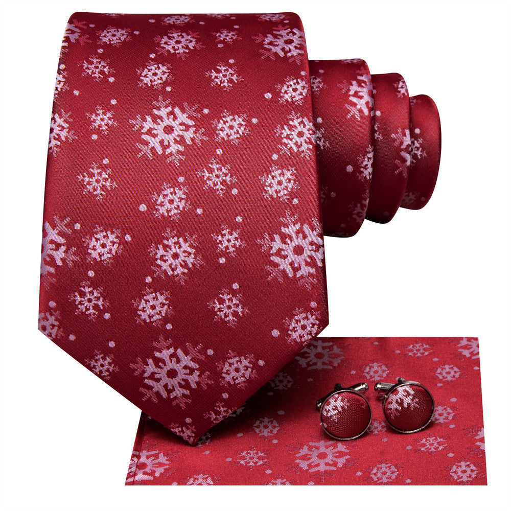 Hi-Tie Red White Snow Christmas Tie Pocket Square Cufflinks Set