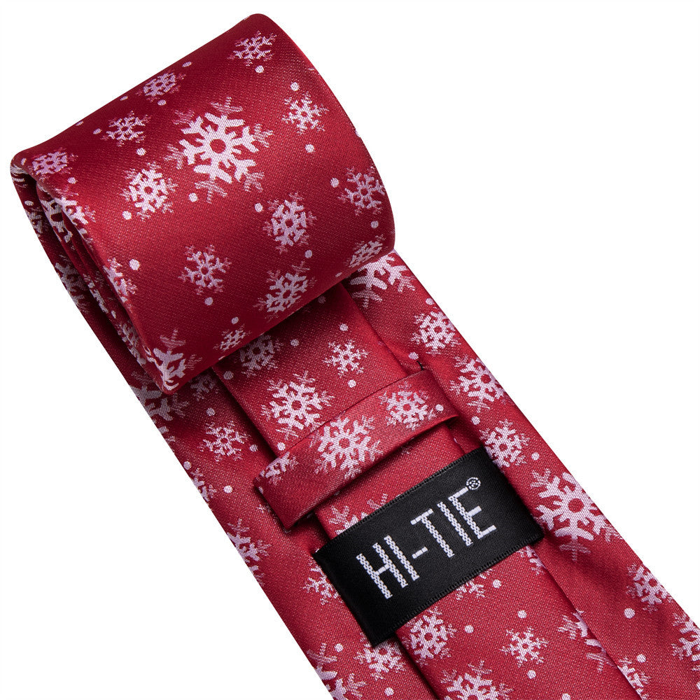 Hi-Tie Red White Snow Christmas Tie Pocket Square Cufflinks Set