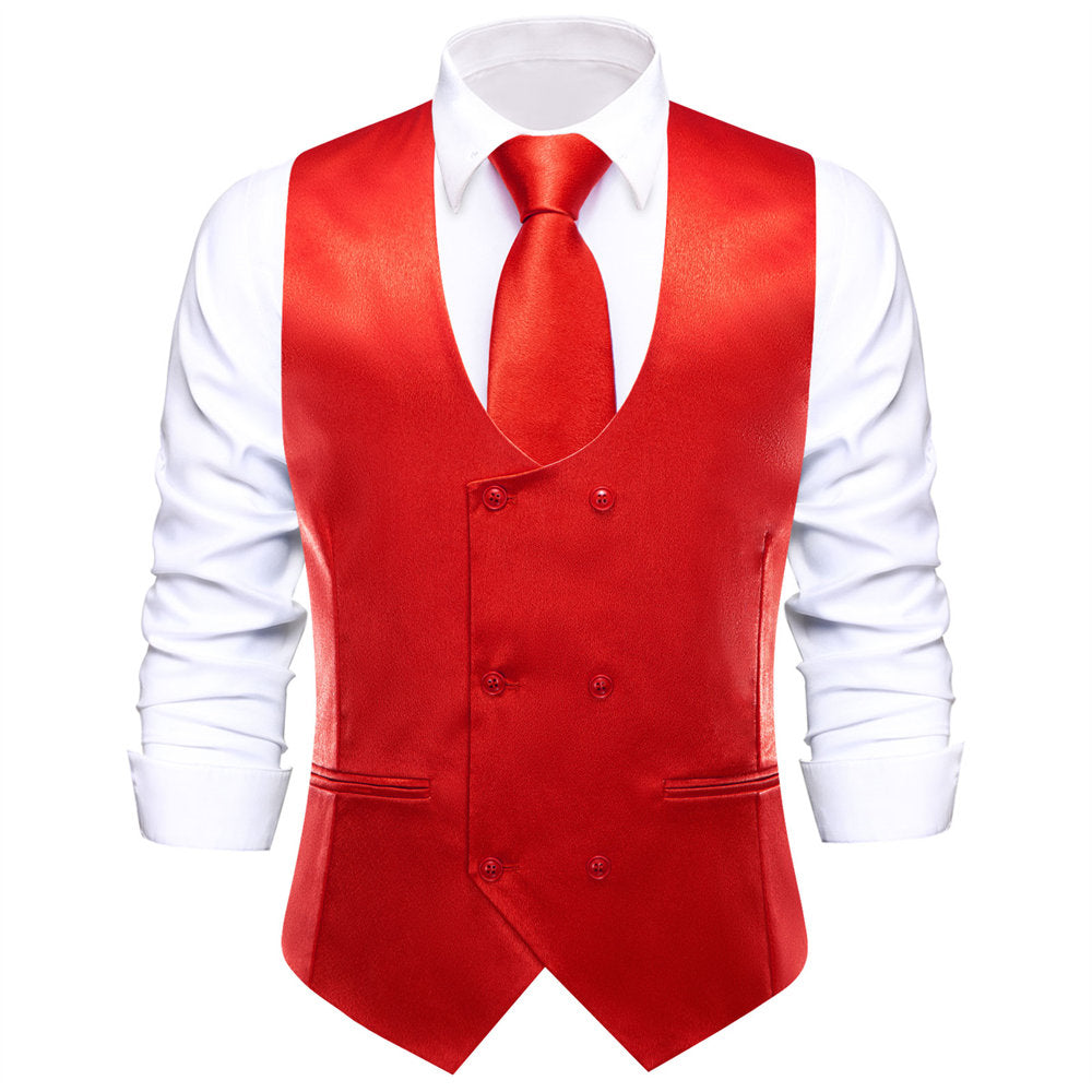 Hi-Tie Venetian Red Solid U-Neck Double-Breasted Vest Necktie Bowtie Set