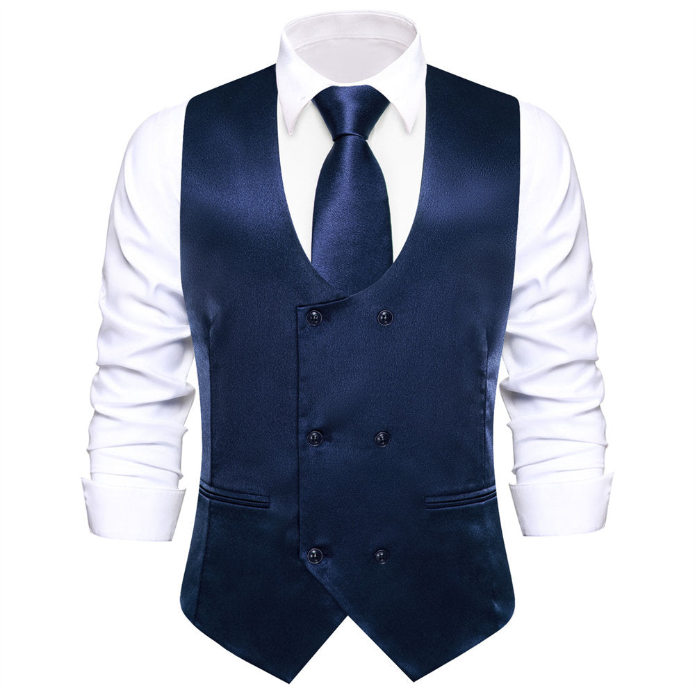 Hi-Tie Dark Blue Solid U-Neck Double-Breasted Vest Set