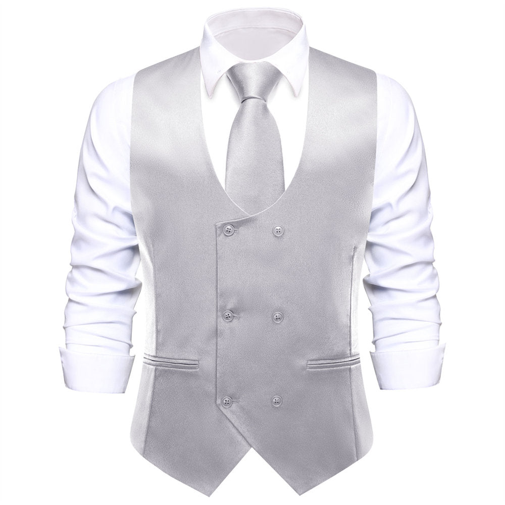 Hi-Tie Silver Solid U-Neck Double-Breasted Vest Tie Set