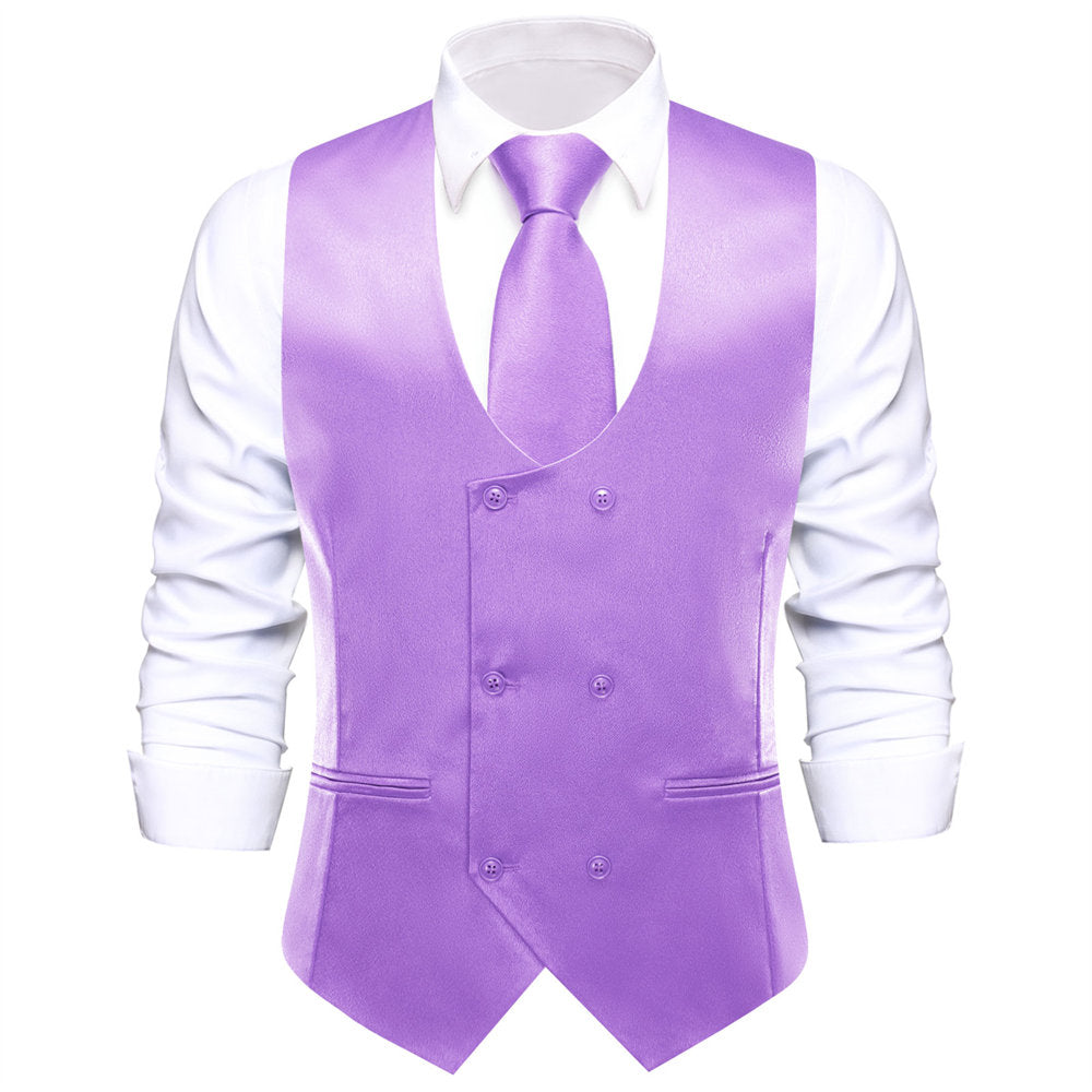 Hi-Tie Bright Ube Purple Solid U-Neck Double-Breasted Vest Set