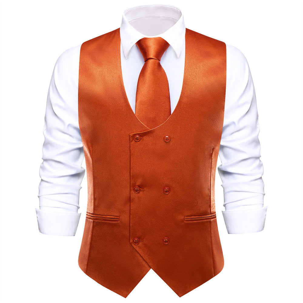 Hi-Tie Rust Orange Solid U-Neck Double-Breasted Vest Set