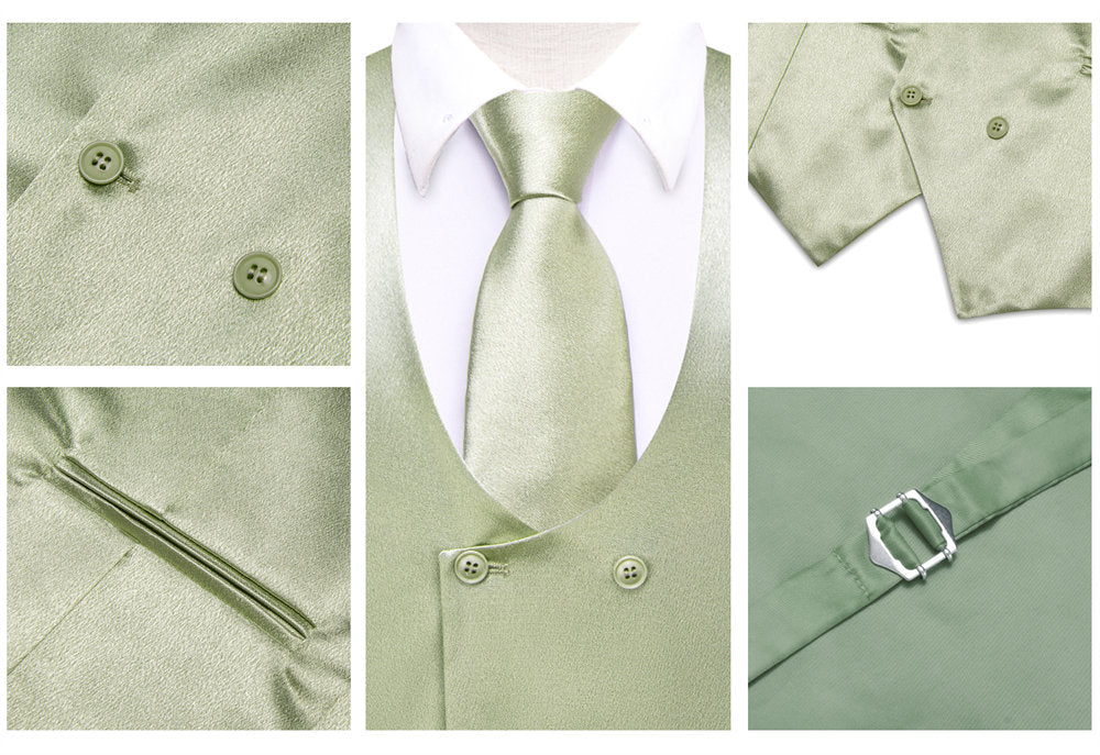 Hi-Tie Laurel Green Solid U-Neck Double-Breasted Vest Set