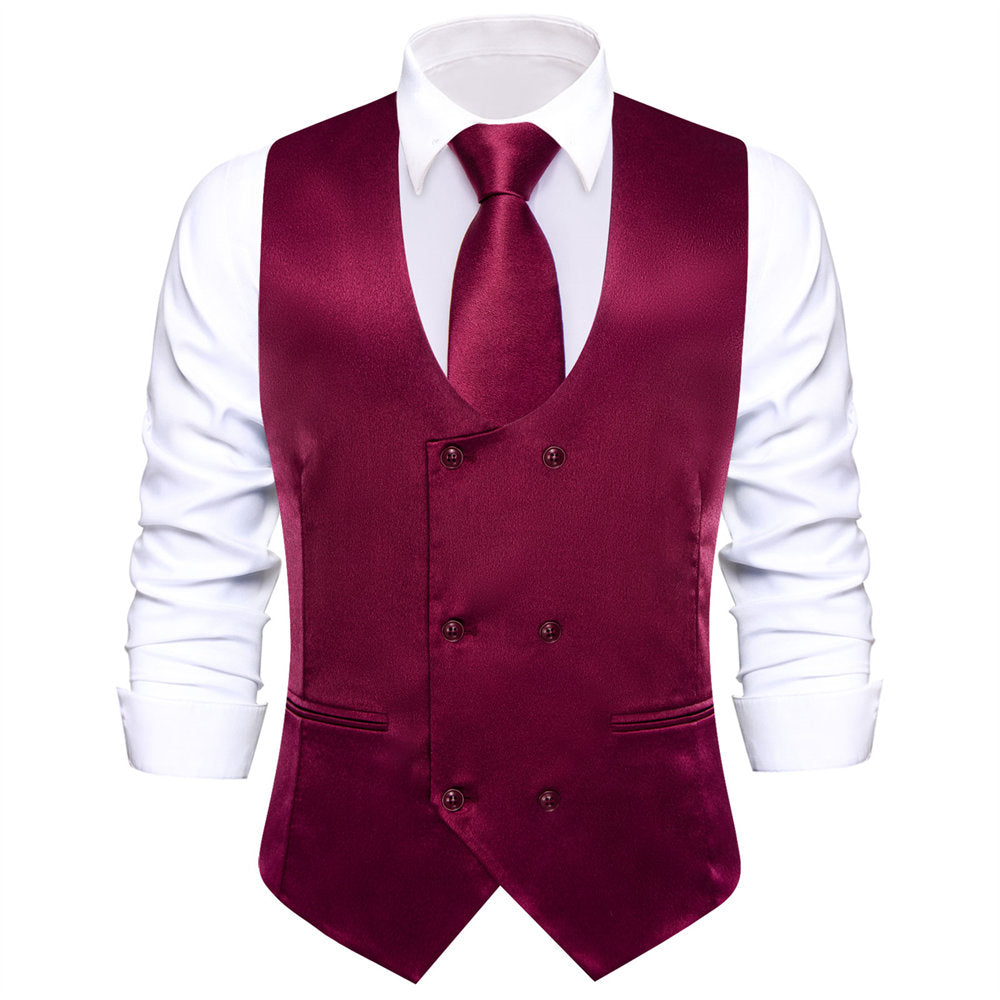 Hi-Tie Wine Solid U-Neck Double-Breasted Vest Necktie Bowtie Set