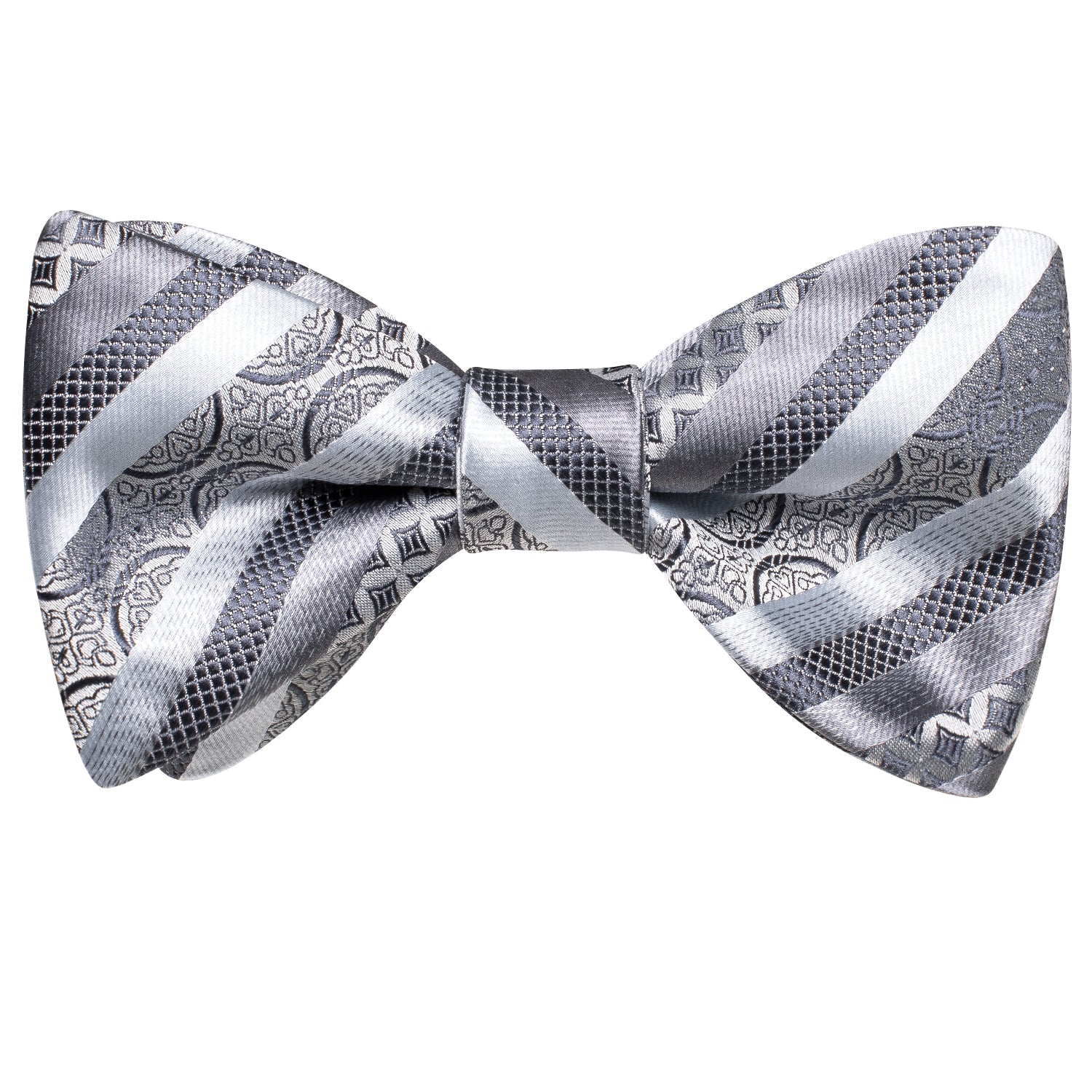 $9.99 Grey White Paisley Striped Pre-tied Bow Tie Hanky Cufflinks Set