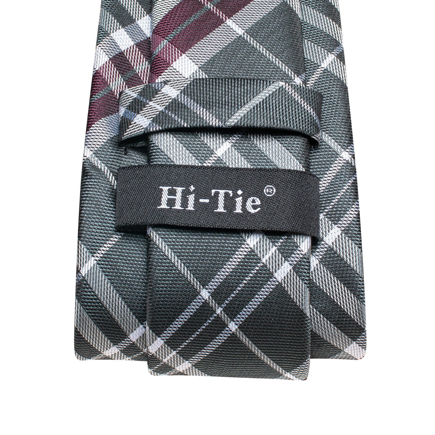 Hi-Tie Plaid Silk Tie Grey Maroon Men's Necktie Pocket Square Cufflinks Set