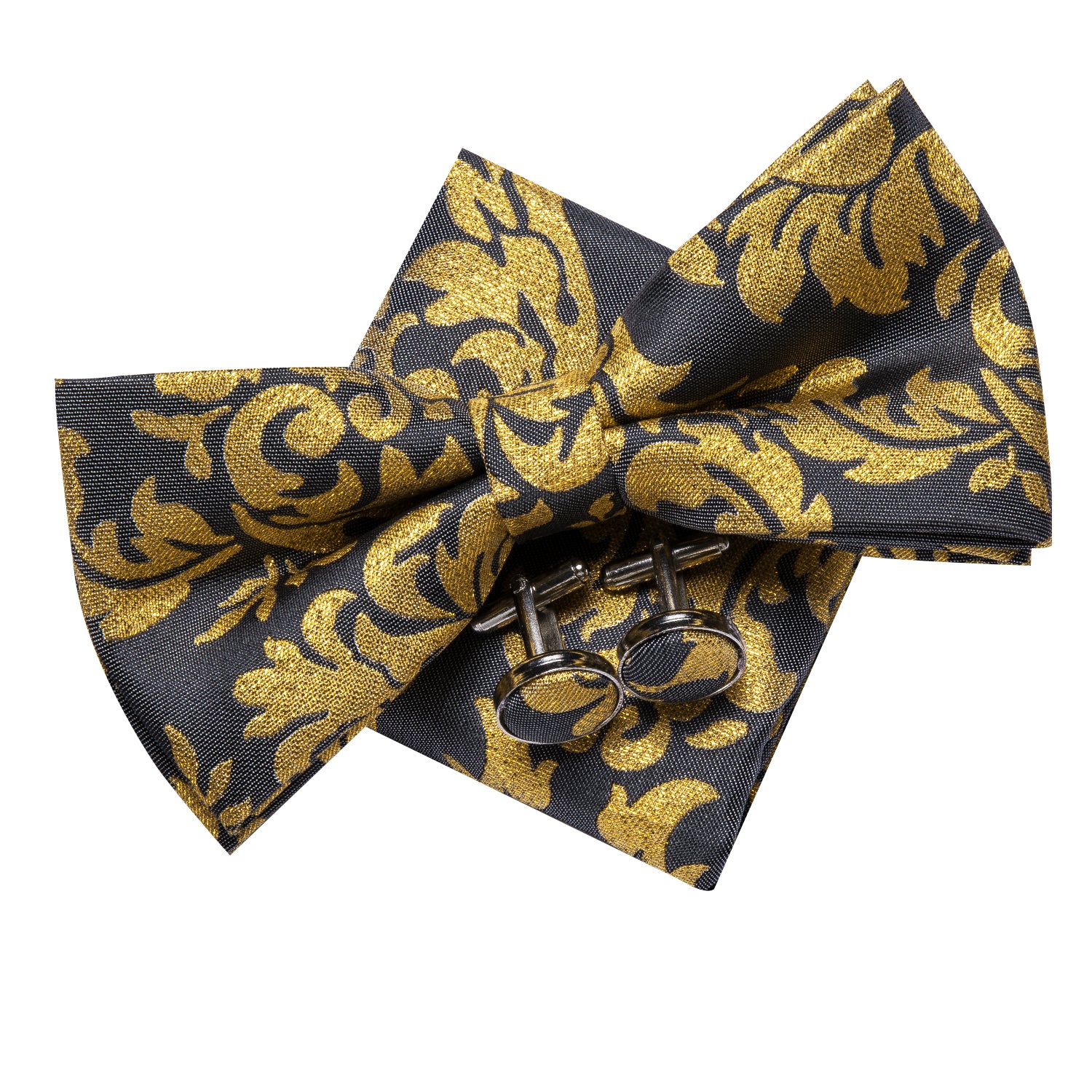 Black Gold Floral Pre-tied Bow Tie Hanky Cufflinks Pin Set