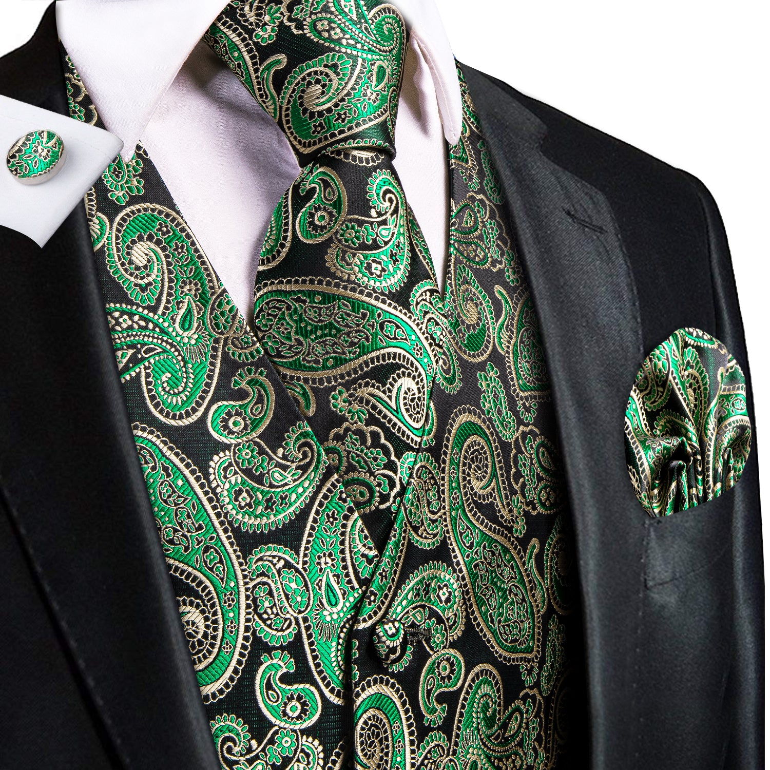 Classic Emerald Green Paisley Silk Men's Vest Hanky Cufflinks Tie Set