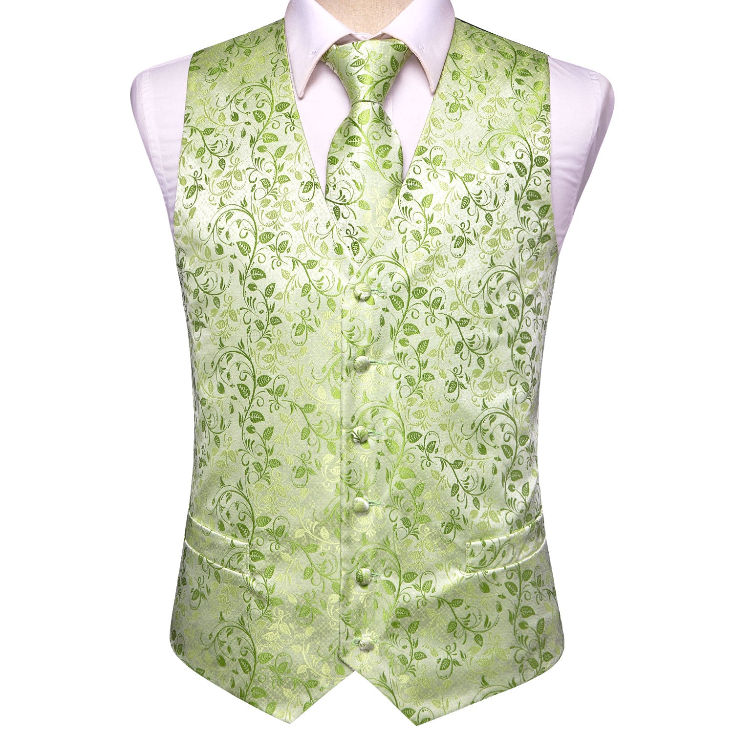 Light Green Leaves Silk Men s Vest Hanky Cufflinks Tie Set Waistcoat S