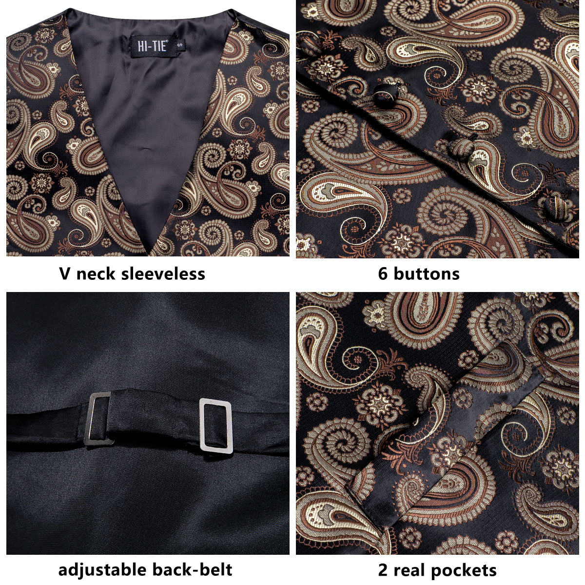 Black Brown Paisley Silk Men's Vest Tie Set Waistcoat Suit Set