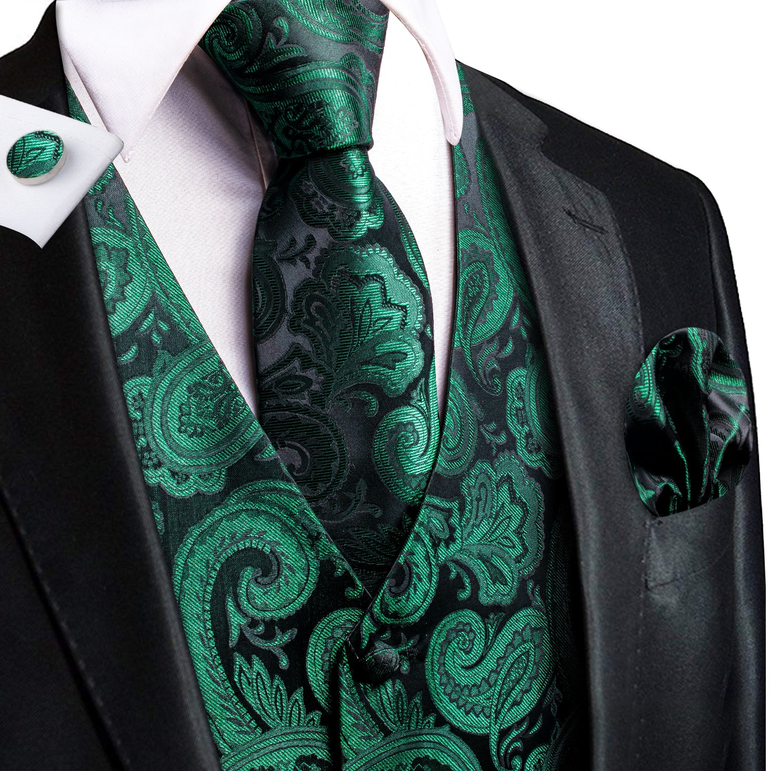 Luxury Emerald Green Paisley Silk Men's Vest Hanky Cufflinks Tie Set W