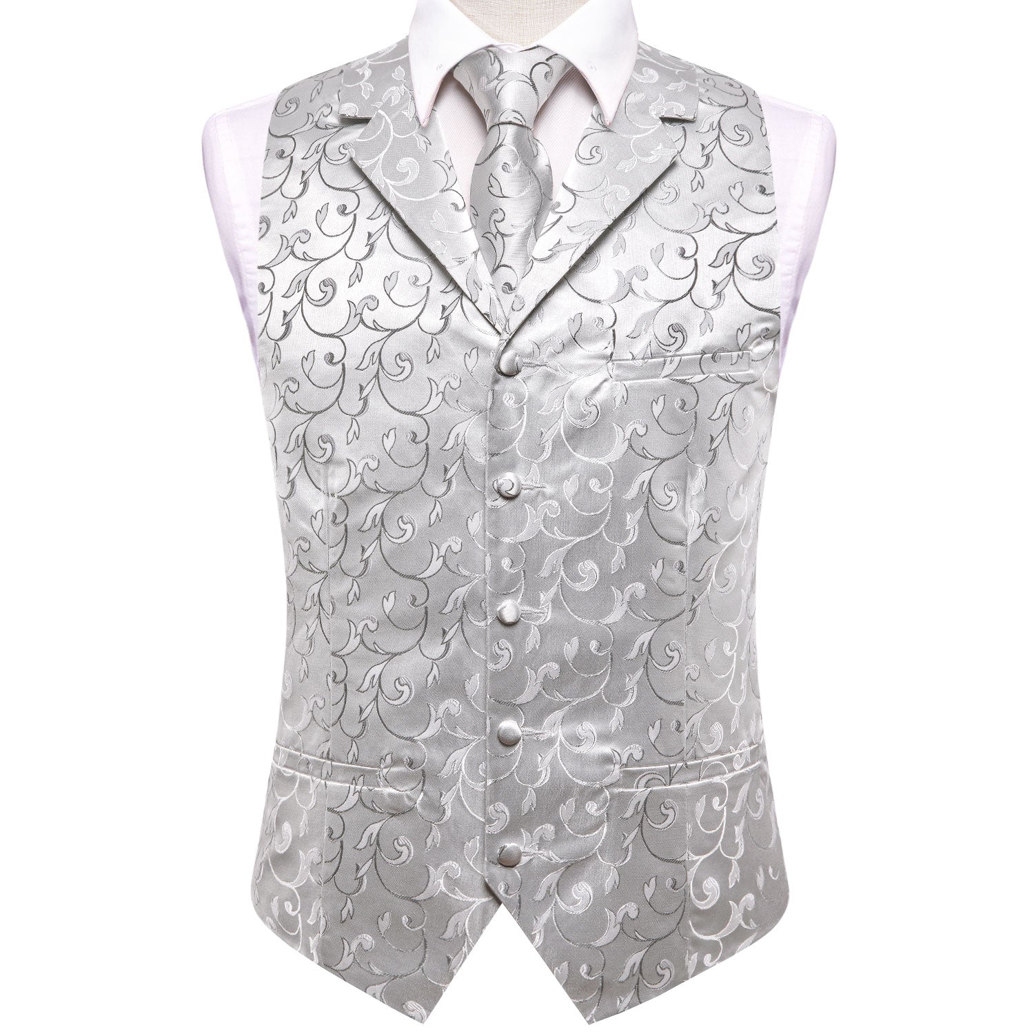 Silver Grey Leaves Silk Men's Collar Vest Hanky Cufflinks Tie Set Waistcoat Suit Set