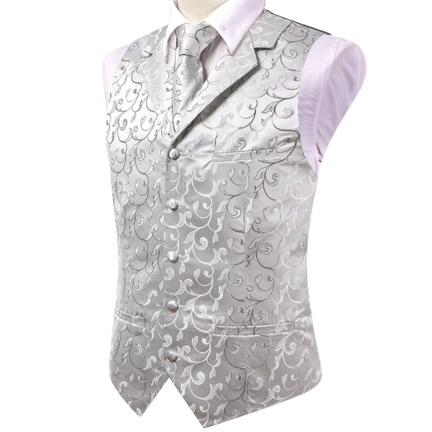 Silver Grey Leaves Silk Men's Collar Vest Hanky Cufflinks Tie Set Waistcoat Suit Set