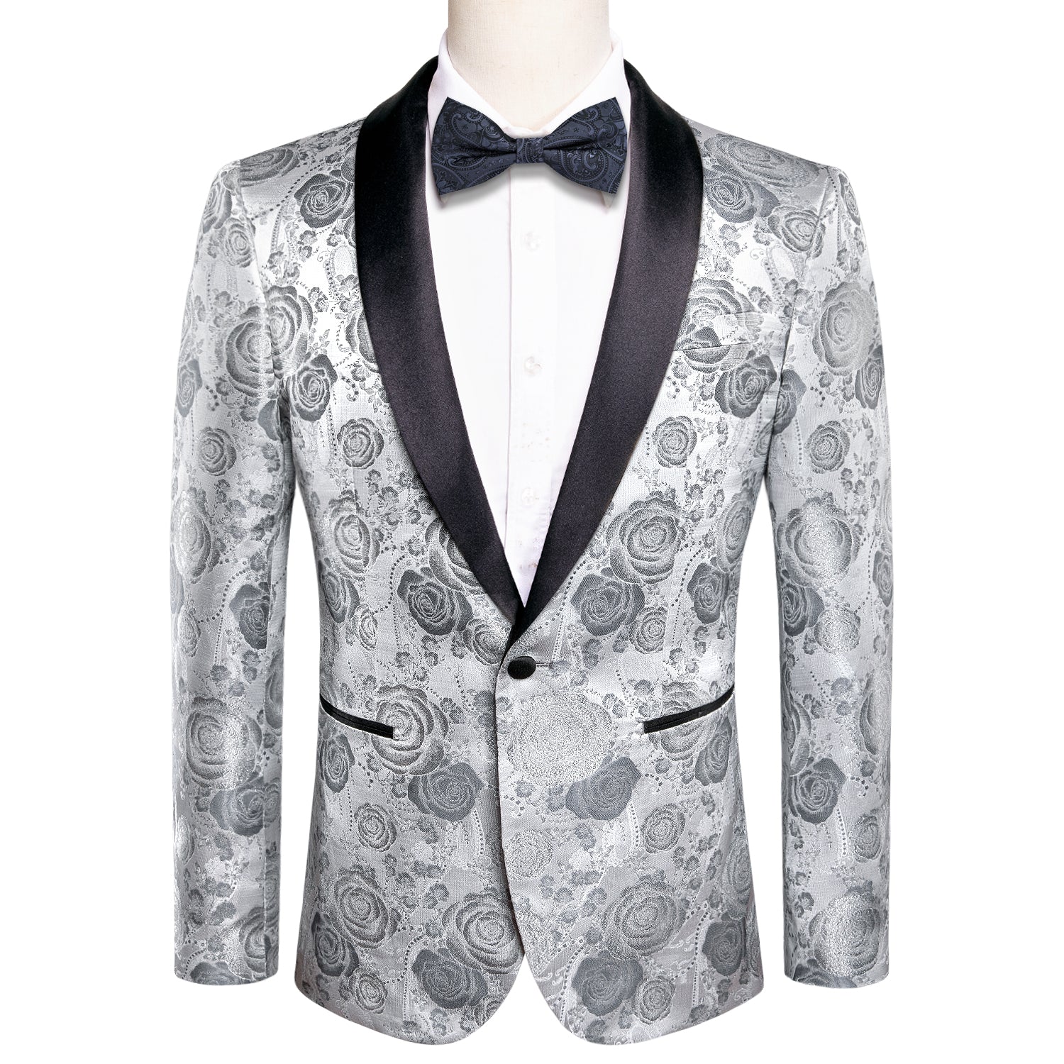 Hi-Tie Wedding Blazer Sliver Grey Roses White Floral Men's Suit Set